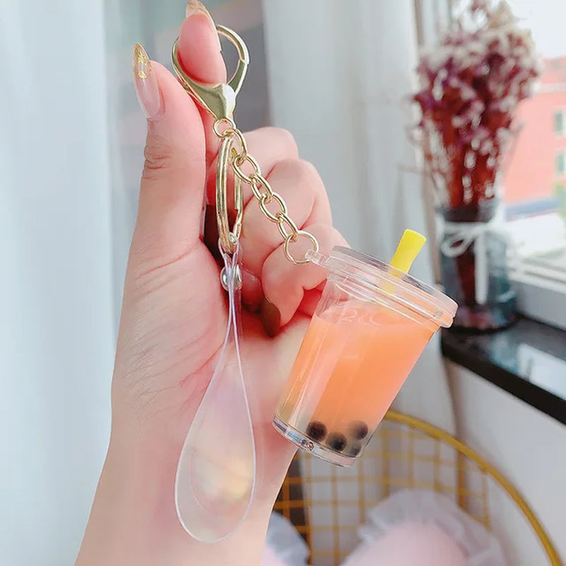 Creative Floating Unicorn Milk Tea Cup Bottle Keychain Cute Fruit Daisy Cat Bubble Tea Quicksand Sequins Liquid Car Keys Chain