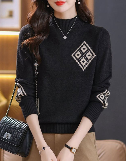 Load image into Gallery viewer, Winter Mock Neck Sweater Women&#39;s Western Style Top Plaid Colorblock Knitted My Store
