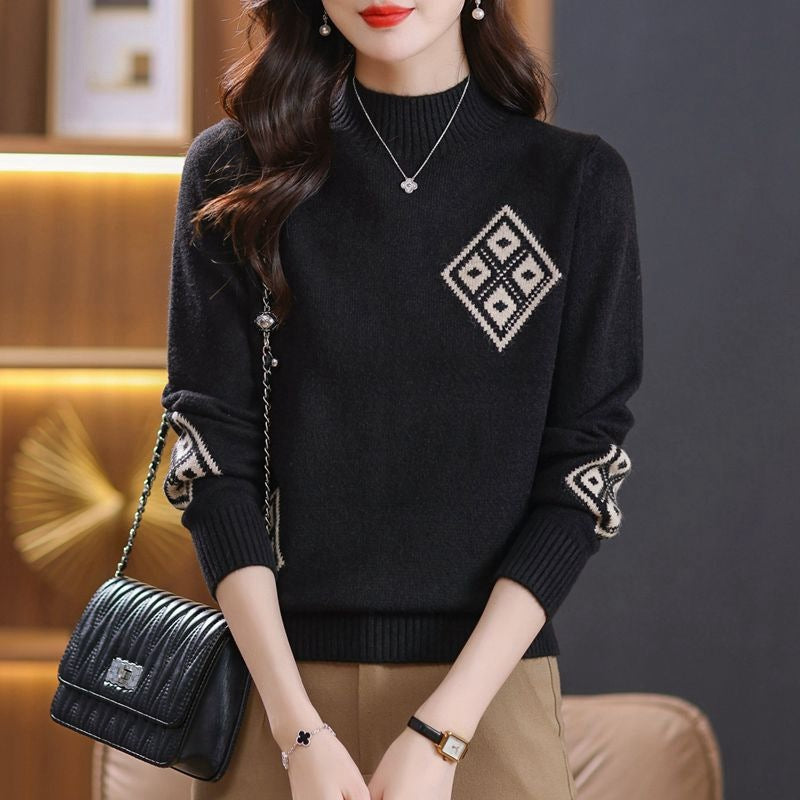 Winter Mock Neck Sweater Women's Western Style Top Plaid Colorblock Knitted My Store