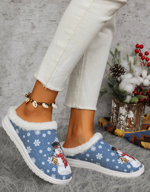 Load image into Gallery viewer, Snowman Print Flat Slippers with Faux Fur
