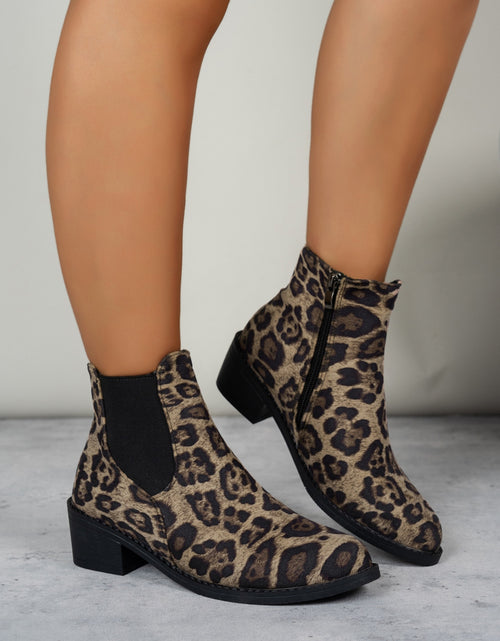 Load image into Gallery viewer, Leopard Point Toe Block Heel Boots
