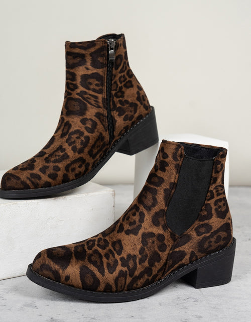 Load image into Gallery viewer, Leopard Point Toe Block Heel Boots
