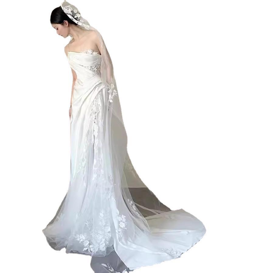 Satin Lace Wedding Veil Tube Top Fishtail Wedding Dress