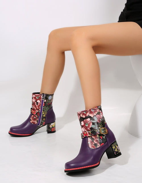 Load image into Gallery viewer, PU Leather Flower Block Heel Boots
