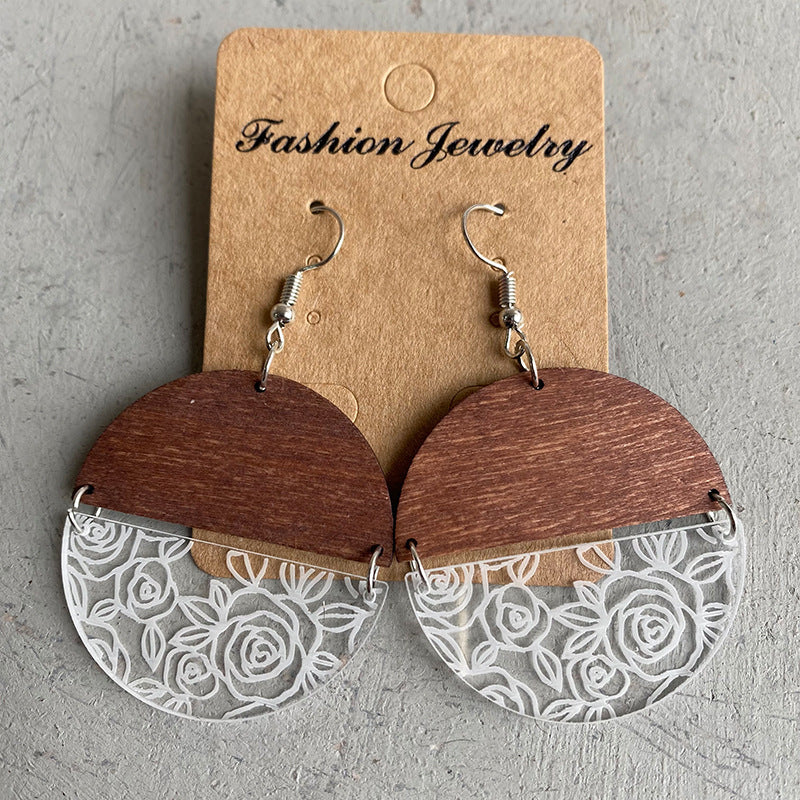 Wood Acrylic Geometric Stitching Rose Flower Lace Laser Marking Personalized Earrings My Store