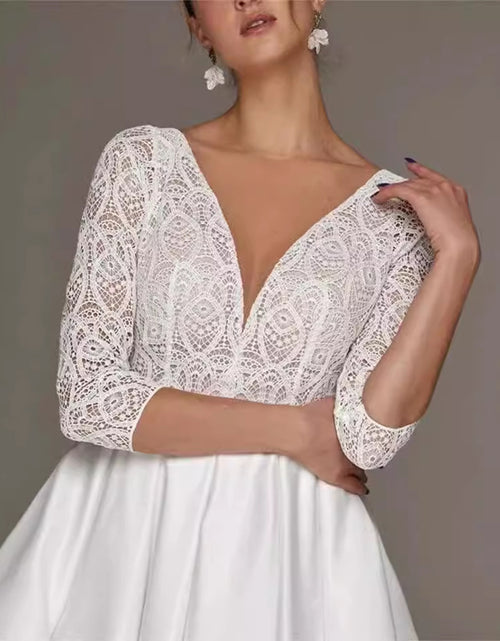 Load image into Gallery viewer, Bridal Deep V-neck Slim Lace Mid-length Long Sleeve Wedding Dress
