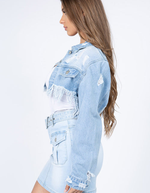 Load image into Gallery viewer, American Bazi Distressed Denim Jacket with Frayed Hem 2668south
