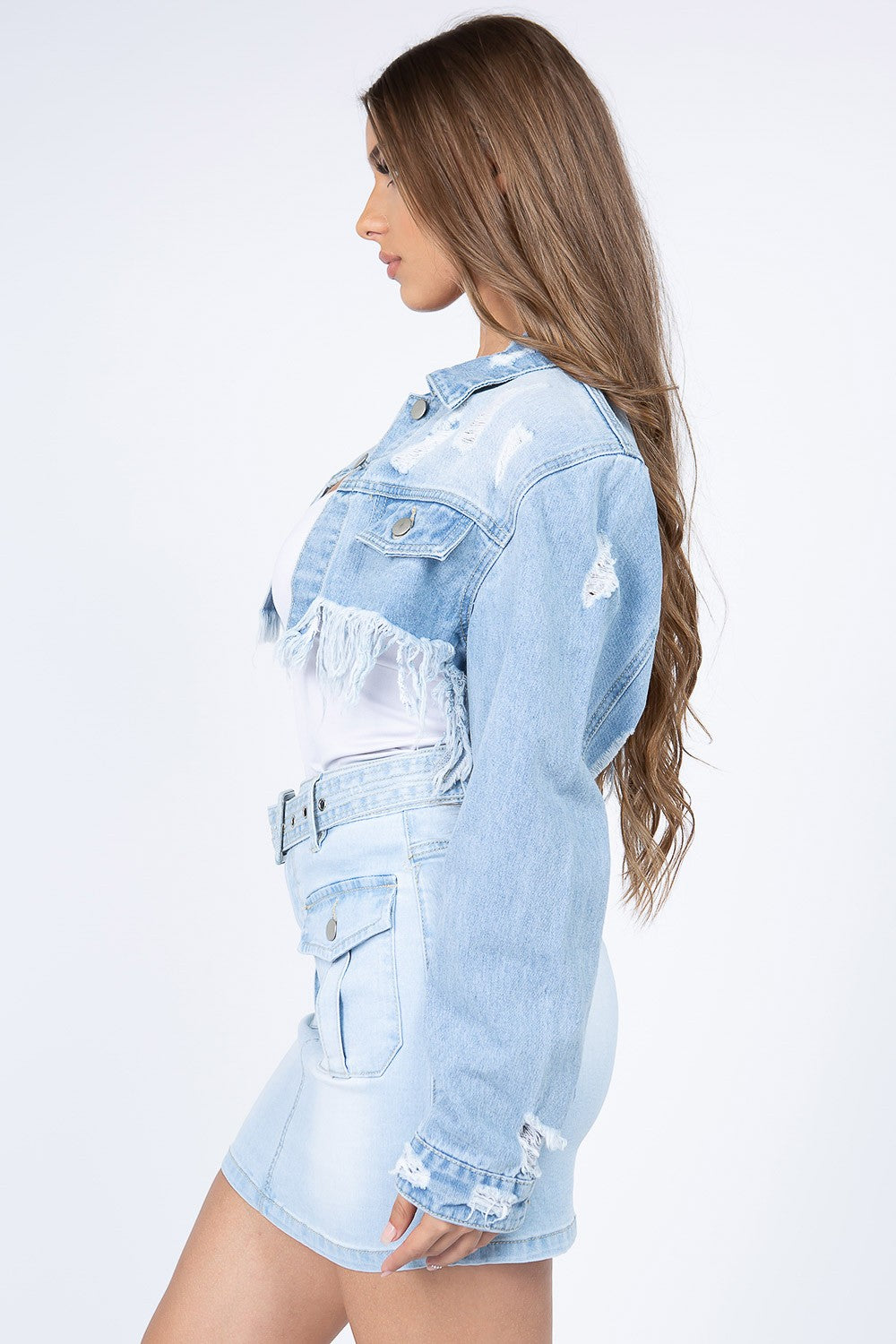 American Bazi Distressed Denim Jacket with Frayed Hem 2668south