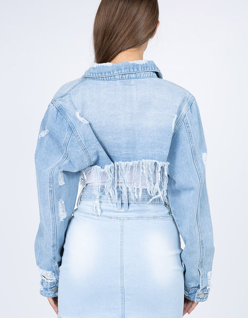 Load image into Gallery viewer, American Bazi Distressed Denim Jacket with Frayed Hem 2668south
