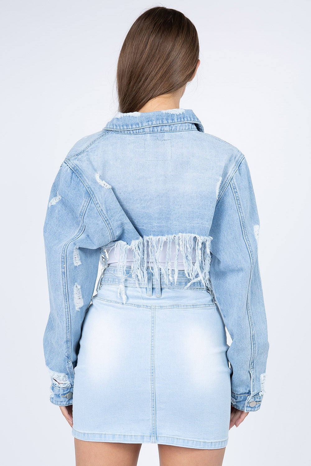 American Bazi Distressed Denim Jacket with Frayed Hem 2668south