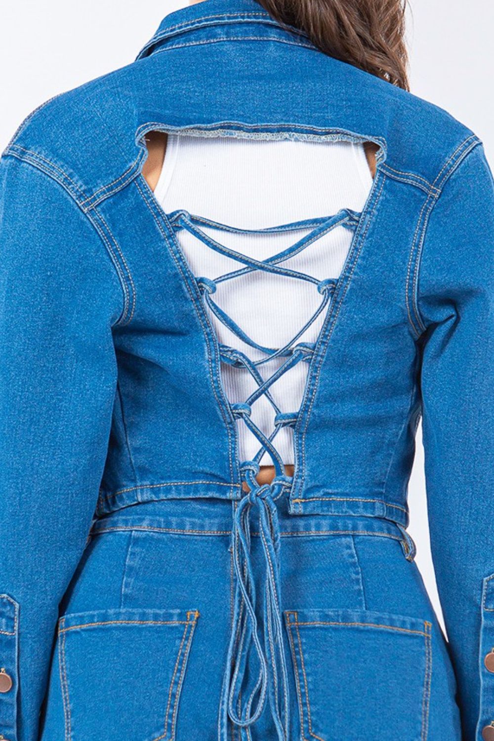 American Bazi Laced Back Cropped Denim Jacket 2668south