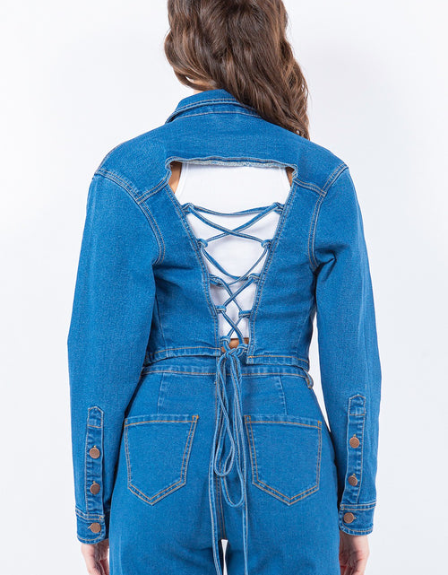 Load image into Gallery viewer, American Bazi Laced Back Cropped Denim Jacket 2668south
