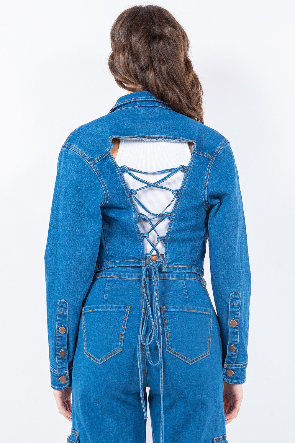 American Bazi Laced Back Cropped Denim Jacket 2668south