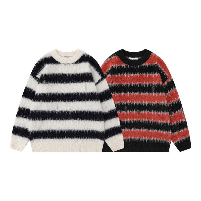 American Style Trend Contrast Color Striped Loose Sweater 2668south