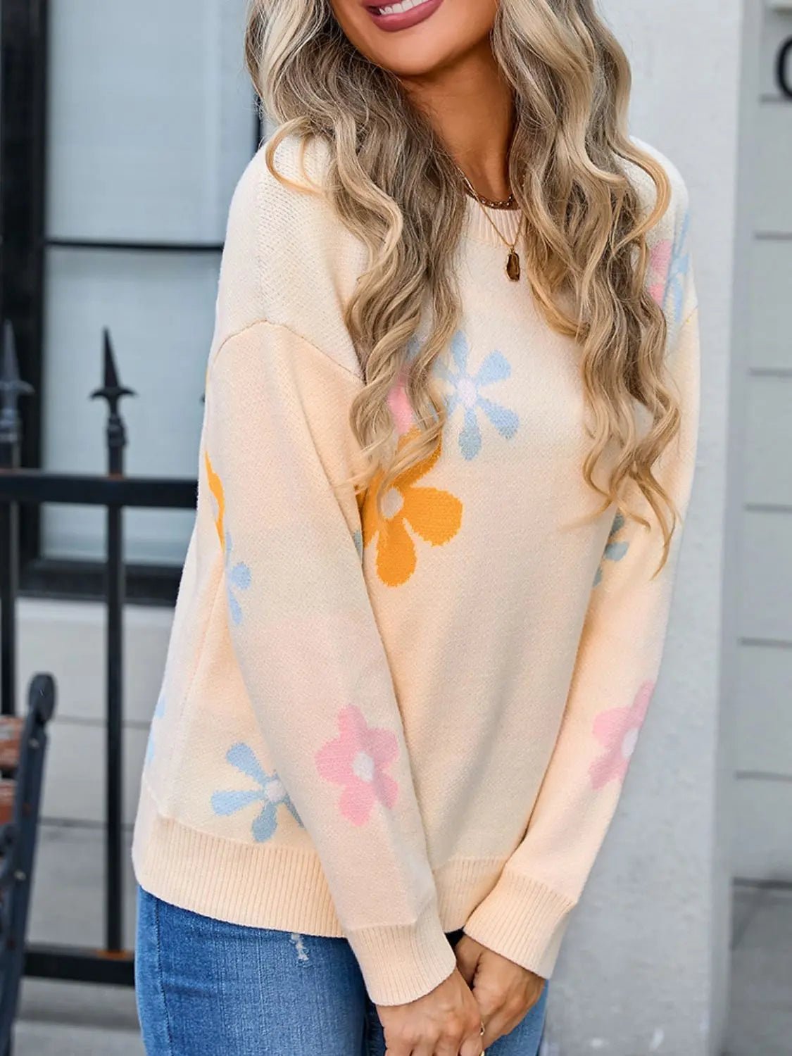 Angel Wings Flower Round Neck Dropped Shoulder Sweater 2668south