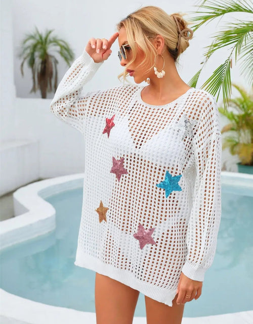 Load image into Gallery viewer, Angel Wings Sequin Star Round Neck Long Sleeve Cover Up 2668south
