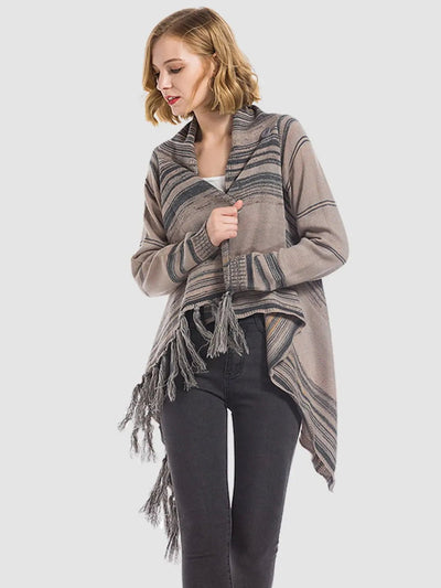 Angel Wings Tassel Striped Open Front Long Sleeve Cardigan 2668south