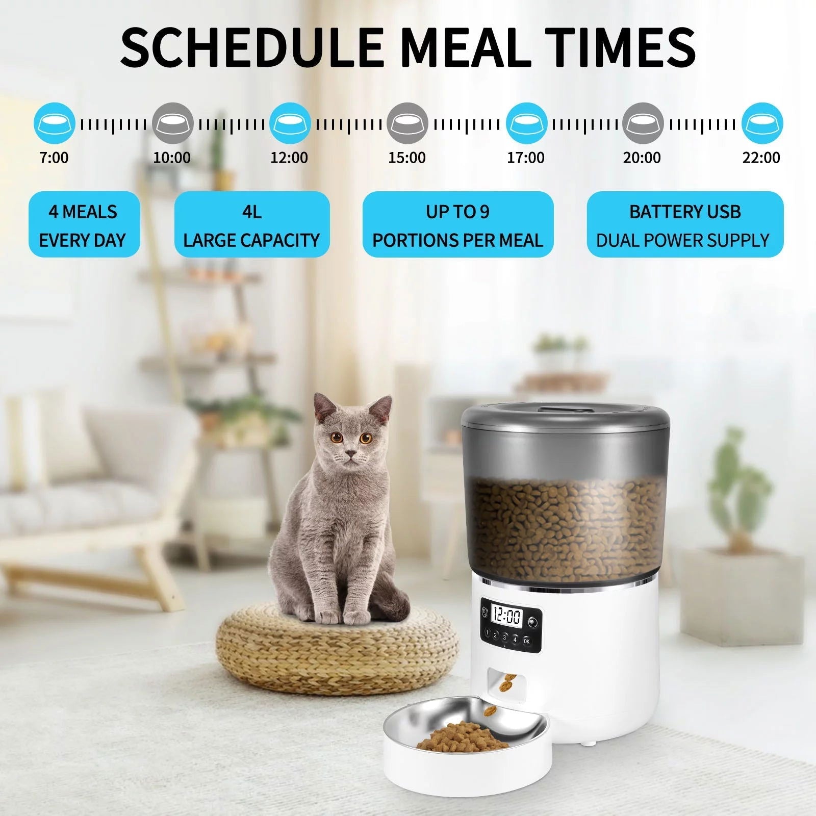 Automatic Cat Feeder, 4L Dual Power Pet Feeder Automatic Dry Food Dispenser, Control 1-4 Meals a Day, Automatic Dog Feeder 2668south