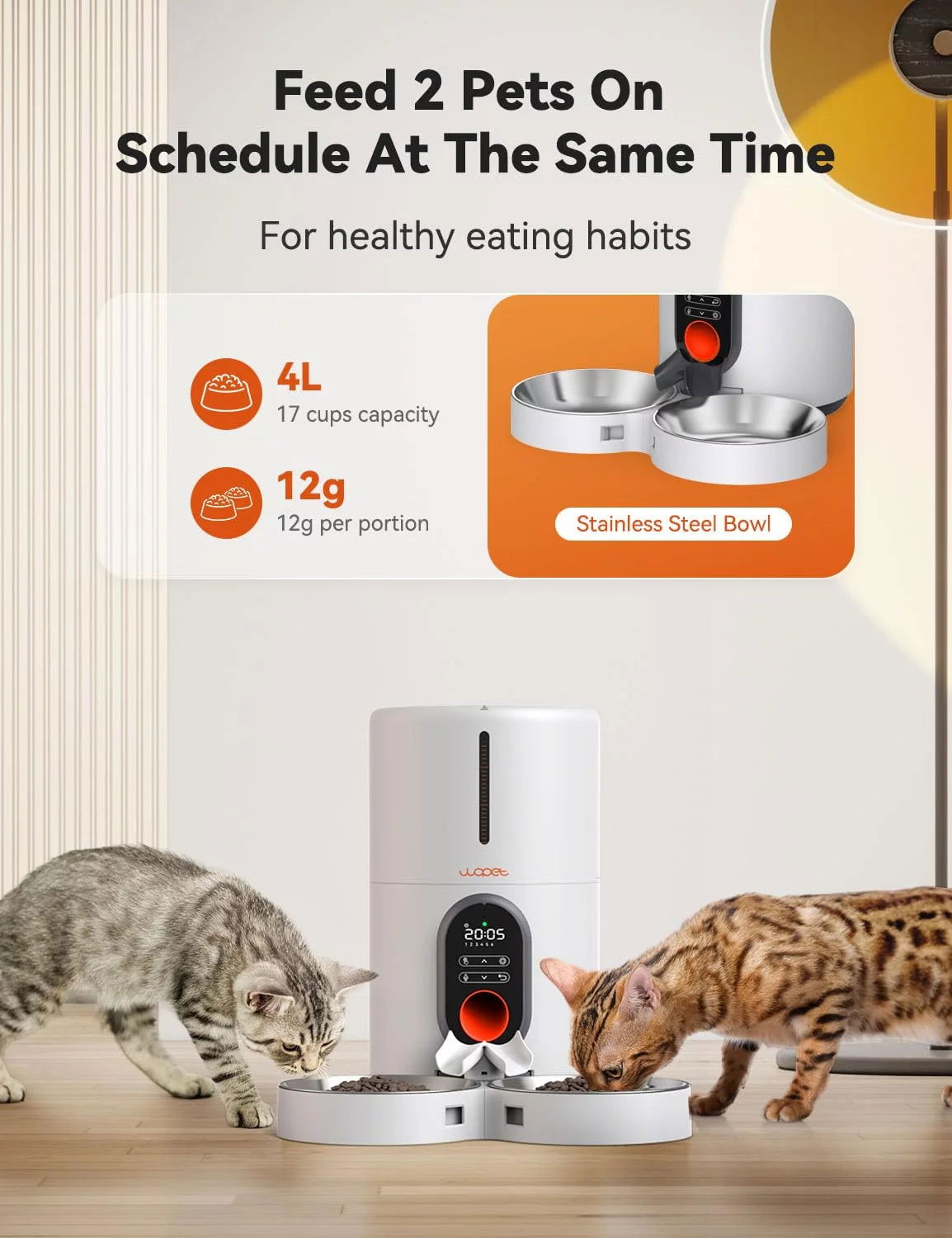 Automatic Cat Feeders for 2 Cats - Timed Dog Food Dispenser with Splitter and Two Stainless Bowls, Cat Feeders 10S Meal Call, 6 Meals per Day for Cats & Small Dogs, White 2668south