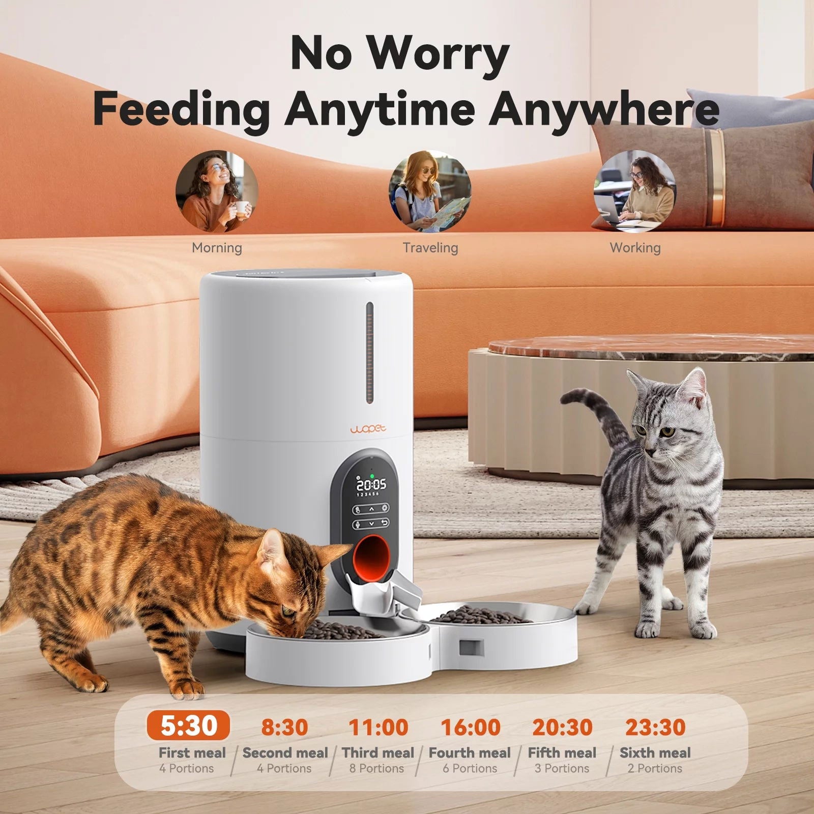 Automatic Cat Feeders for 2 Cats - Timed Dog Food Dispenser with Splitter and Two Stainless Bowls, Cat Feeders 10S Meal Call, 6 Meals per Day for Cats & Small Dogs, White 2668south