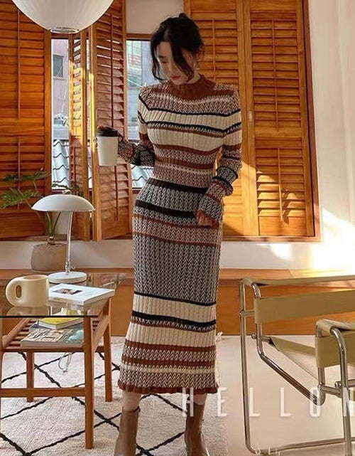 Load image into Gallery viewer, Autumn And Winter Retro Mixed Color Stripe Long Dress 2668south
