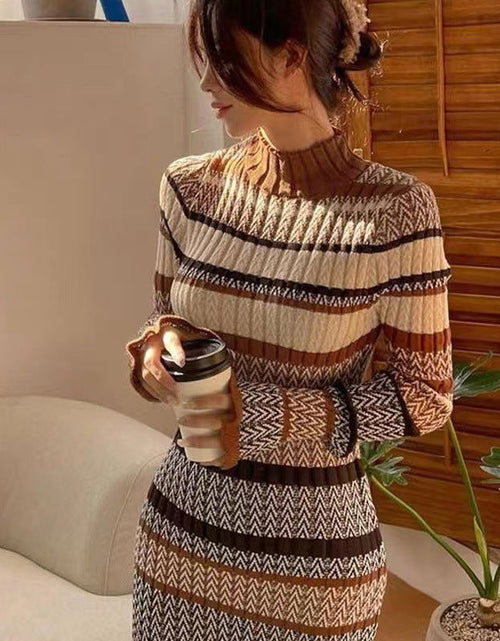 Load image into Gallery viewer, Autumn And Winter Retro Mixed Color Stripe Long Dress 2668south
