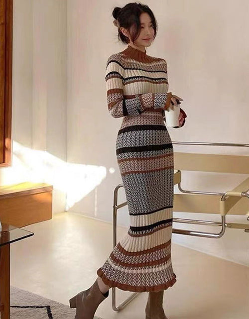 Load image into Gallery viewer, Autumn And Winter Retro Mixed Color Stripe Long Dress 2668south
