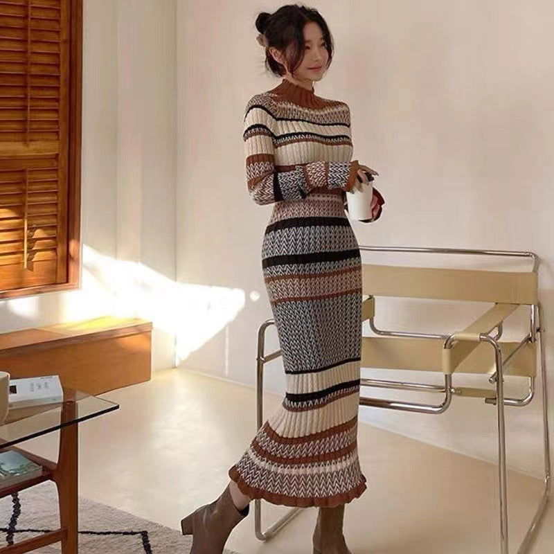 Autumn And Winter Retro Mixed Color Stripe Long Dress 2668south