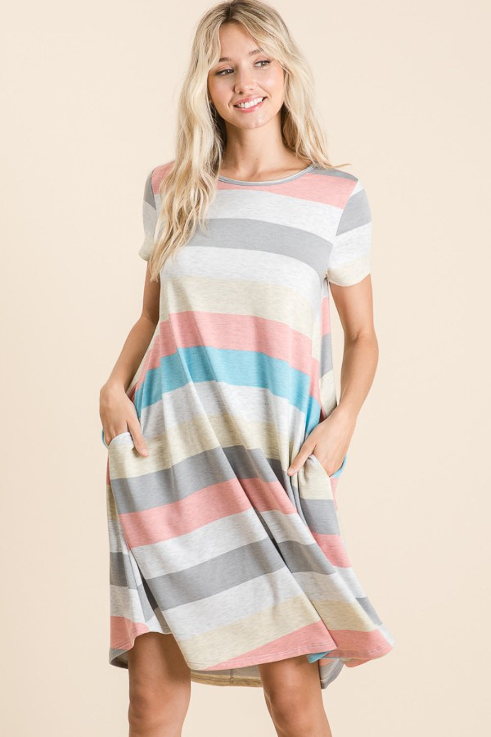 BOMBOM Striped Short Sleeve Dress with Pockets 2668south