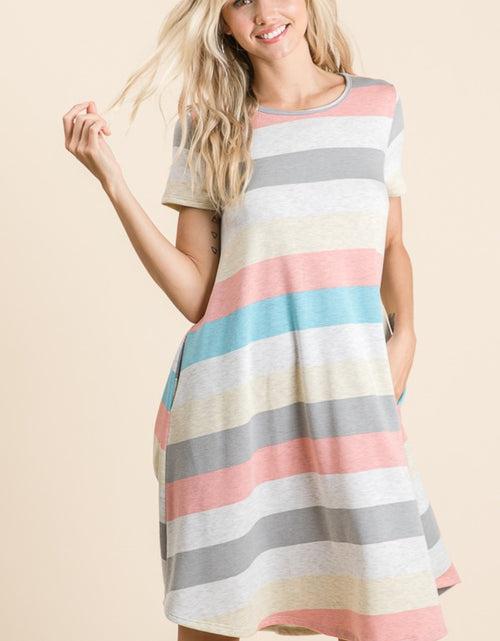 Load image into Gallery viewer, BOMBOM Striped Short Sleeve Dress with Pockets 2668south
