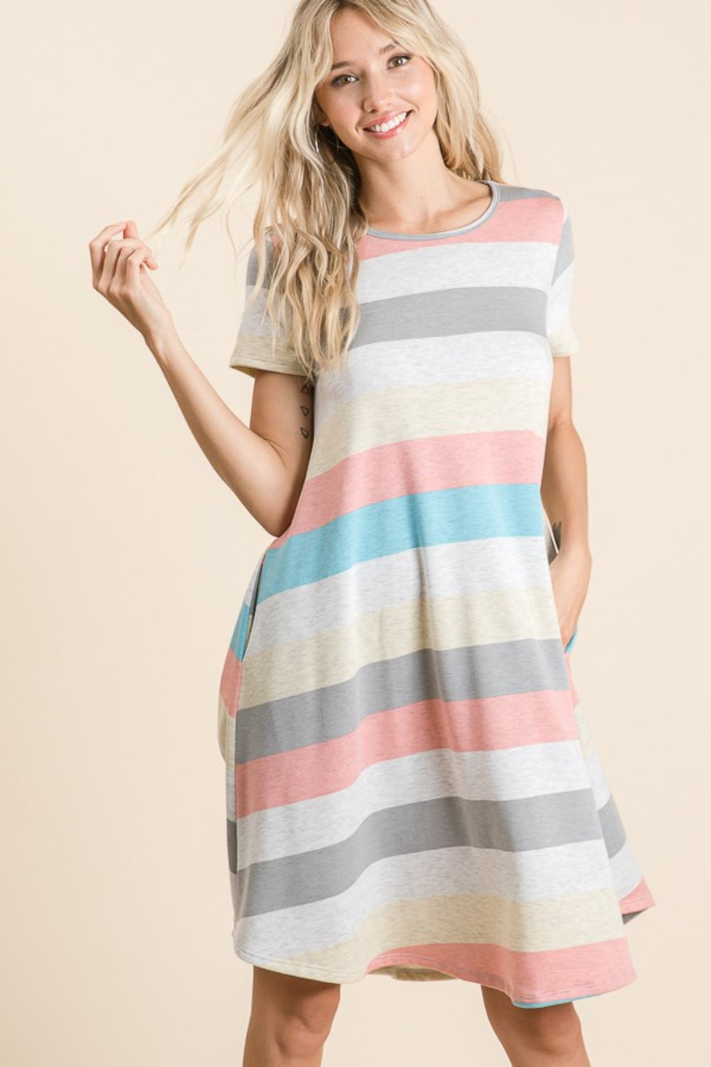 BOMBOM Striped Short Sleeve Dress with Pockets 2668south