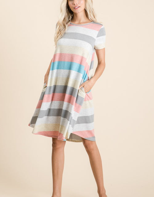 Load image into Gallery viewer, BOMBOM Striped Short Sleeve Dress with Pockets 2668south
