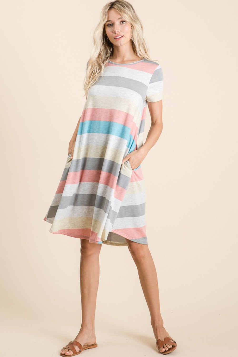 BOMBOM Striped Short Sleeve Dress with Pockets 2668south