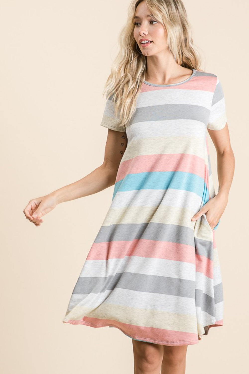 BOMBOM Striped Short Sleeve Dress with Pockets 2668south