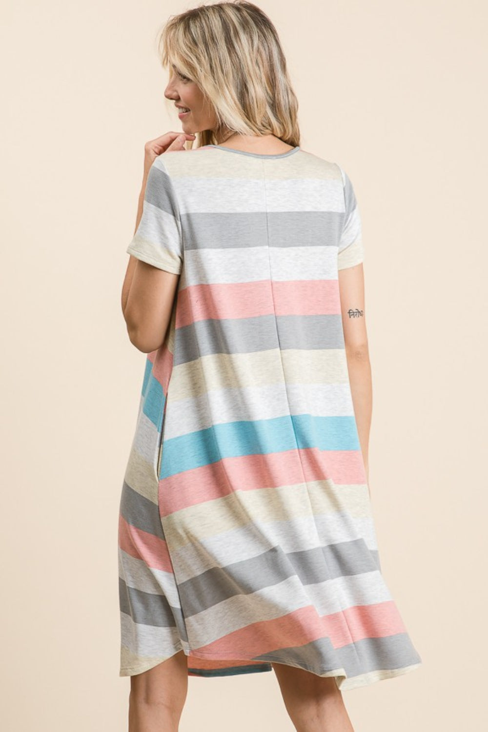 BOMBOM Striped Short Sleeve Dress with Pockets 2668south