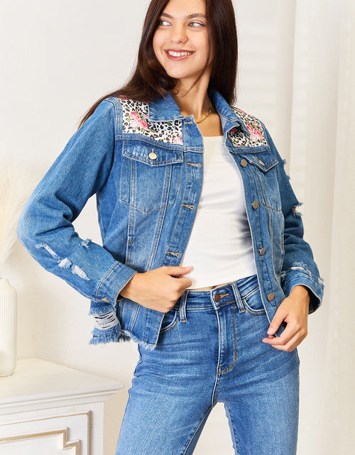 Load image into Gallery viewer, Baeful Leopard Floral Distressed Raw Hem Denim Jacket 2668south
