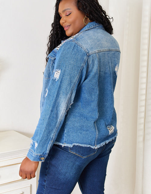 Load image into Gallery viewer, Baeful Leopard Floral Distressed Raw Hem Denim Jacket 2668south
