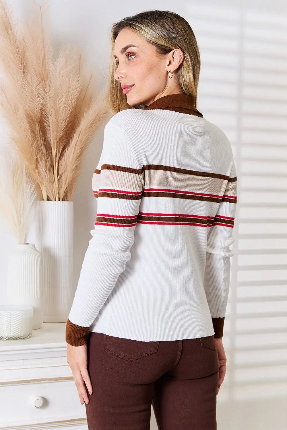 Basic Bae Striped Collared Neck Rib-Knit Top 2668south