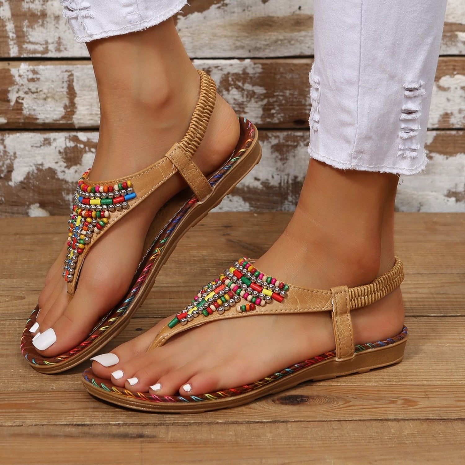 Beaded PU Leather Open Toe Sandals 2668south