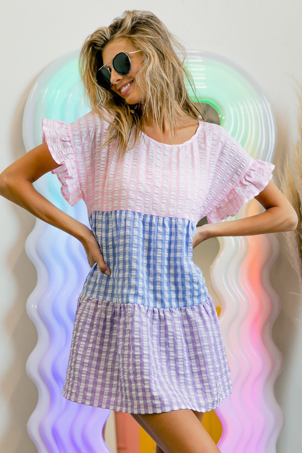 BiBi Plaid Color Block Tiered Top 2668south