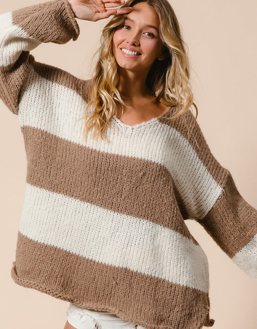 Load image into Gallery viewer, BiBi Slit Striped V-Neck Dropped Shoulder Sweater 2668south
