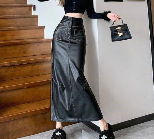 Load image into Gallery viewer, Black PU Leather Skirt Women&#39;s High Waist Slimming 2668south
