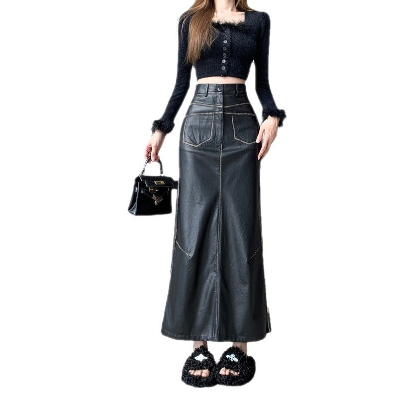 Black PU Leather Skirt Women's High Waist Slimming 2668south