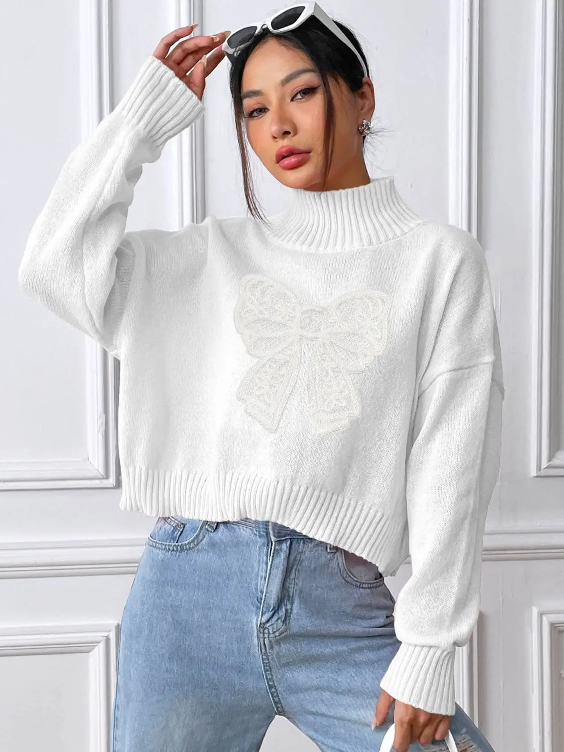 Bow Turtleneck Long Sleeve Sweater 2668south