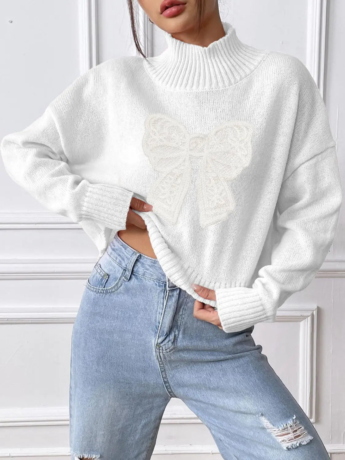 Bow Turtleneck Long Sleeve Sweater 2668south