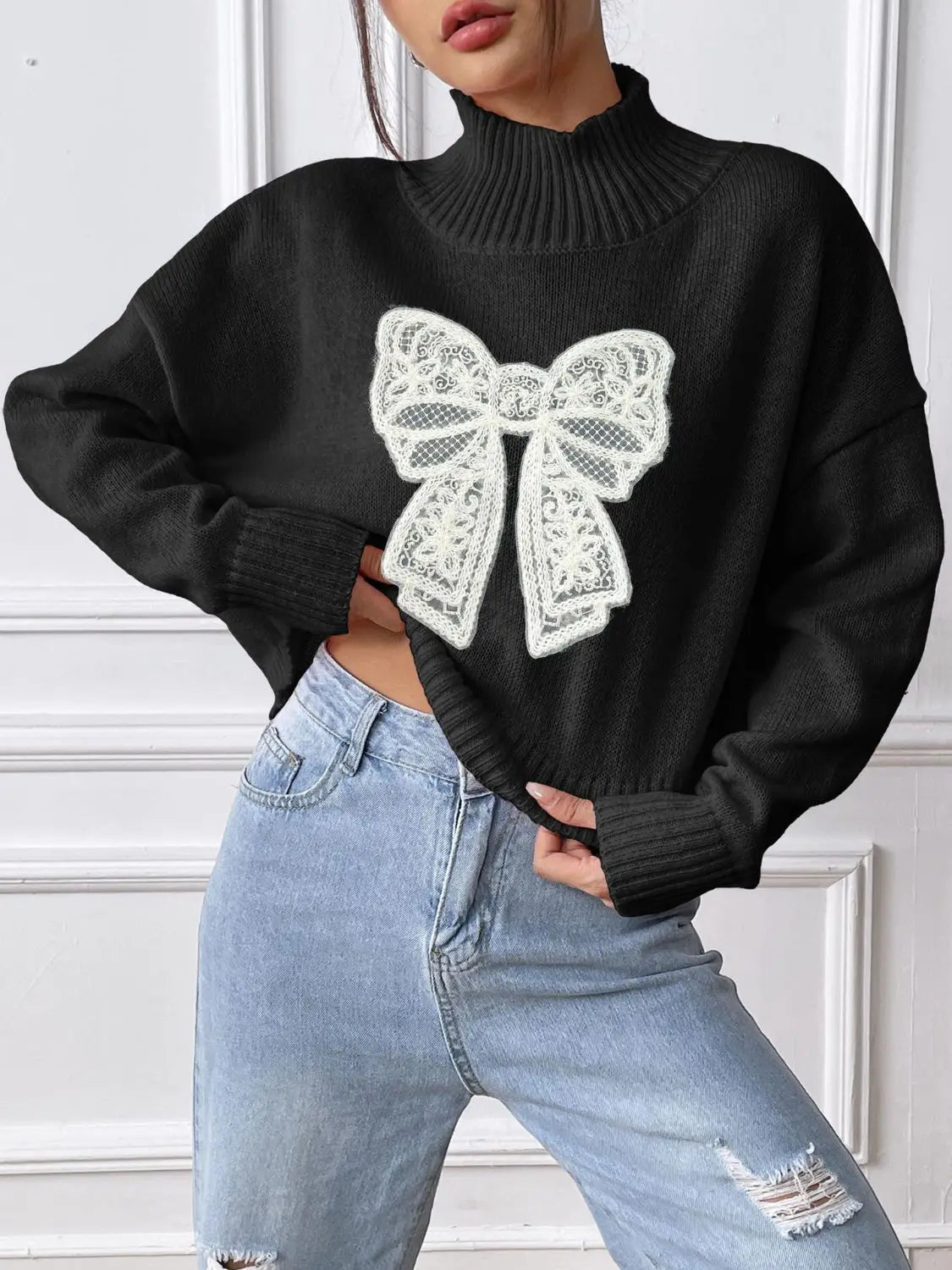 Bow Turtleneck Long Sleeve Sweater 2668south