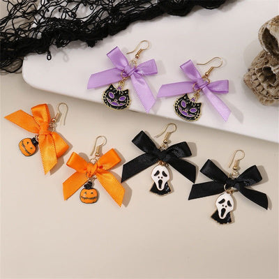 Bowknot Ribbon Pumpkin Head Earrings Halloween Female Accessories 2668south