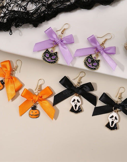 Load image into Gallery viewer, Bowknot Ribbon Pumpkin Head Earrings Halloween Female Accessories 2668south
