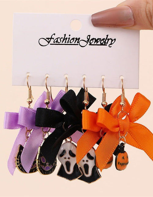 Load image into Gallery viewer, Bowknot Ribbon Pumpkin Head Earrings Halloween Female Accessories 2668south
