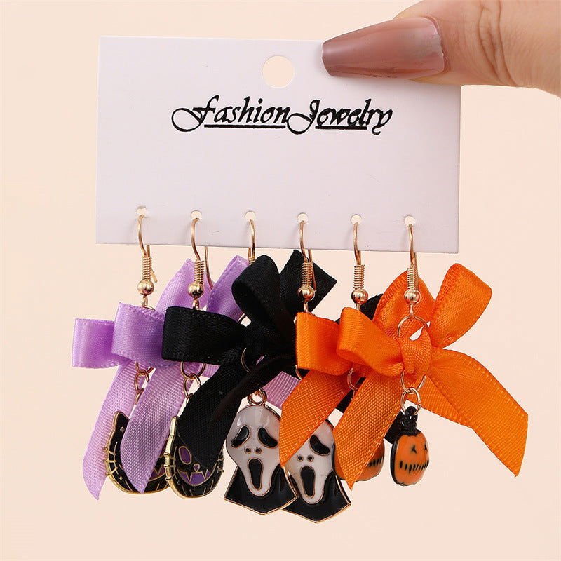 Bowknot Ribbon Pumpkin Head Earrings Halloween Female Accessories 2668south